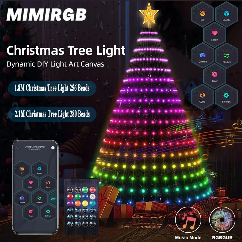 Lumières d'arbre de Noël intelligentes, 1.8m, 2.1m, 256/280 perles de lampe, guirxiété lumineuse LED RVB, télécommande, musique, pendentif, décor de vacances de Noël