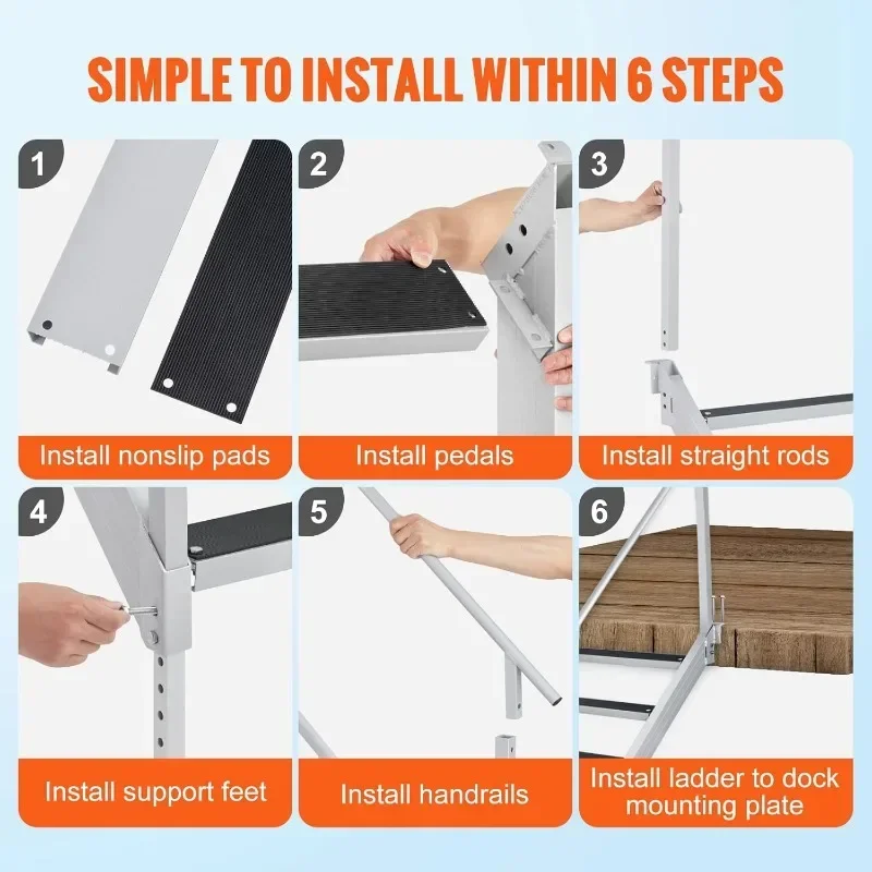 VEVOR Dock Stairs 4 Steps, 500lbs Load Pool Steps, Adjustable Height Aluminum Dock Ladders, Pontoon Boat Ladder