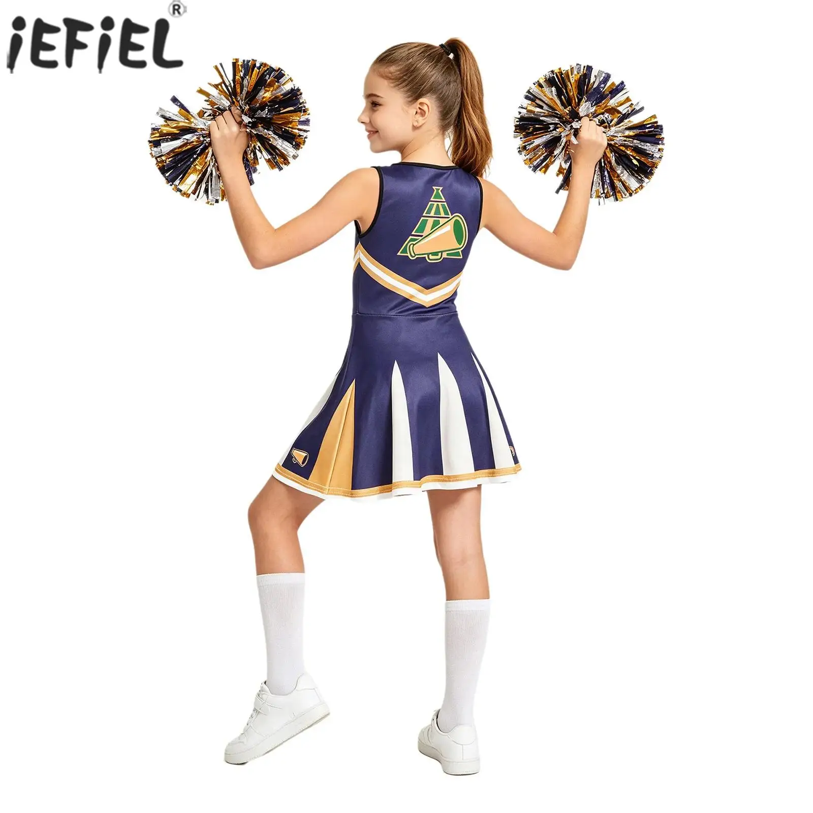 Kid Girls Students Cheerleading Dance Uniform Sleeveless Color Block Printed Dress for Cheerleader Stage Performance Competition