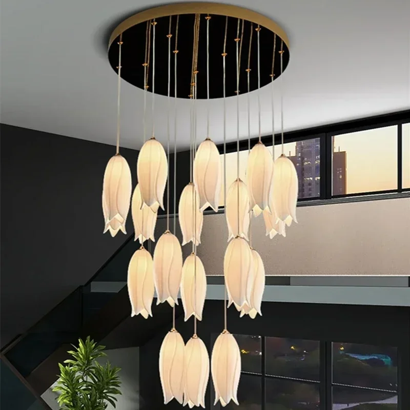 nordic creative tulip staircase chandelier multi heads pendant lights villa quarto cabeceira restaurante hotel edificio duplex 01