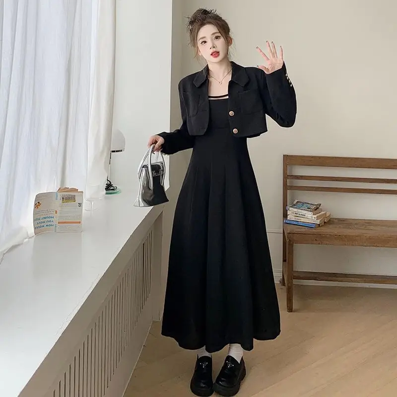 2024 Two Pieces Dress Set Women Elegant Fashion Outfits Long-sleeved Blazer Top+Spaghetti Straps High Waist Slim Long Dress Suit