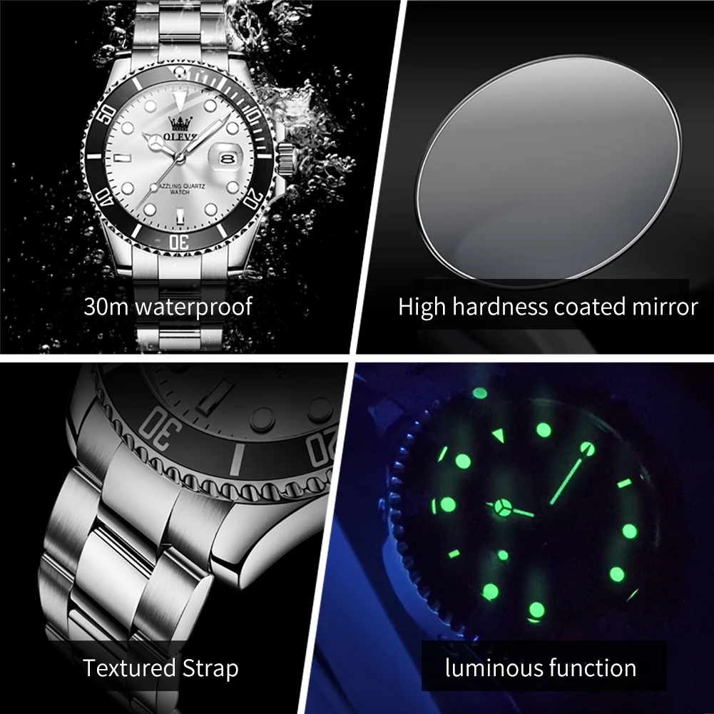 OLEVS 5885 reloj de negocios para hombres, reloj de cuarzo de buceo, reloj Original de lujo de acero inoxidable resistente al agua luminoso con fecha automática para hombres