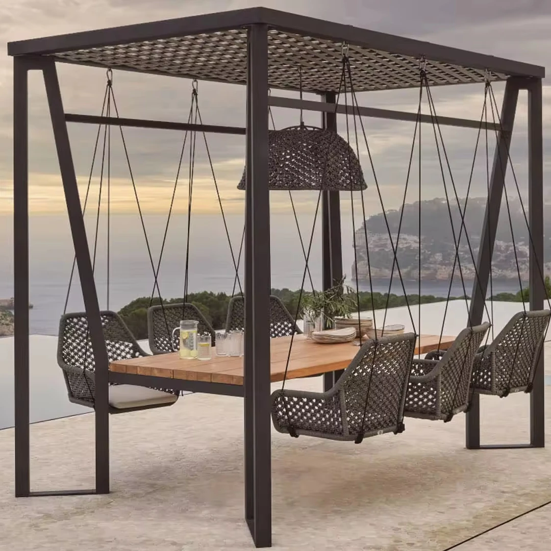 Outdoor and Indoor  Furniture Garden Swing Chair for 8 Persons with Table  Patio Dining Chair Waterproof Garden  Sets