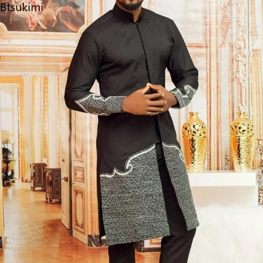 Homme ensembles tenue mariage afrique perlé haut à manches longues pantalon caftan vêtements traditionnels Costoumes ethnique décontracté hommes 2 pièces costume