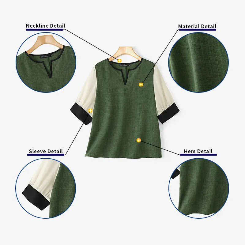 

ZANZEA Elegant Blouse 2026 Stylish Women Casual Korean Style Blusas Fashion Color Patchwork Spring Half Sleeve V Neck Tops Tunic