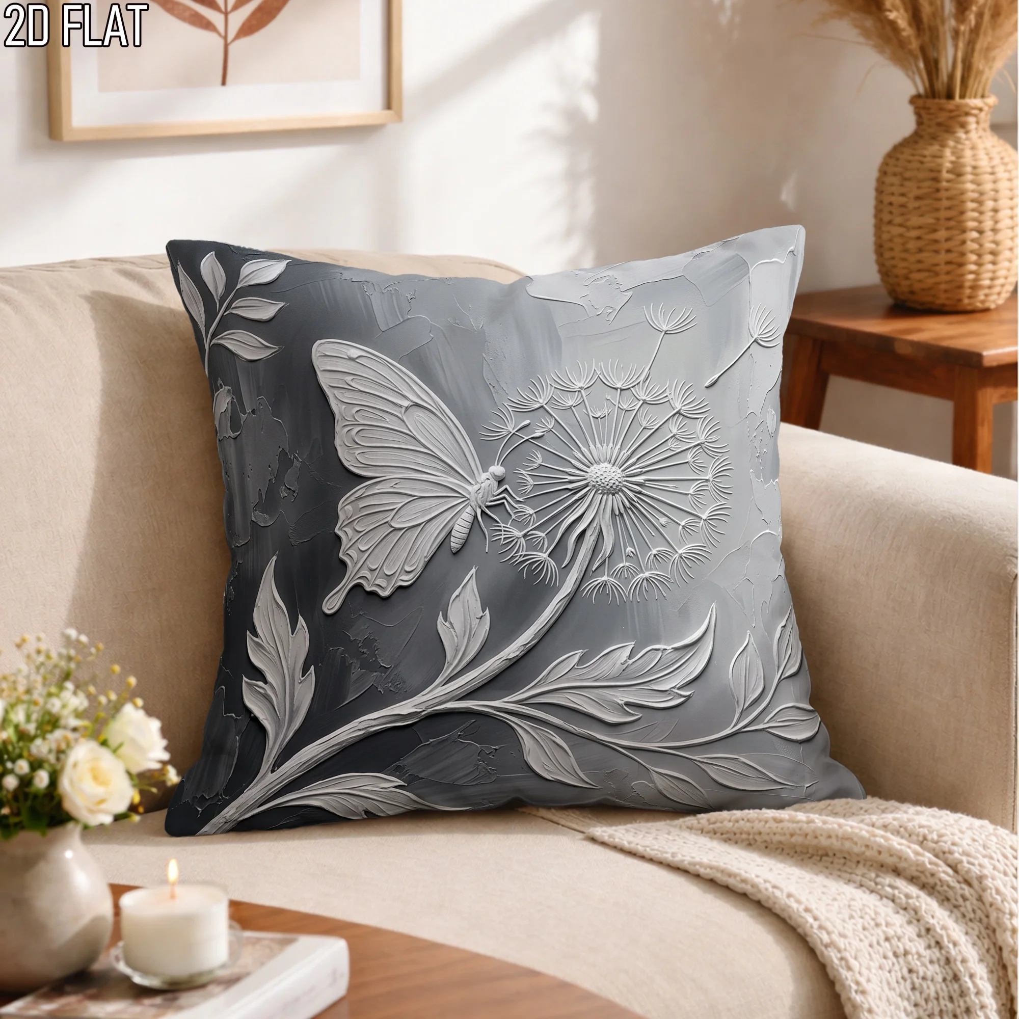 2D pri Butterfly Throw Pillow Cover Grey Dandelion Floral Cushion Case for Elegant Neutral Home Decor