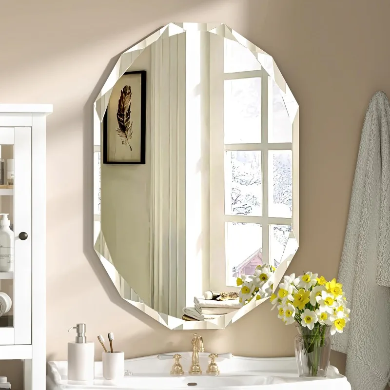 Oval Frameless Mirrors for Bathroom 30'' X 20'' Beveled Edge Vanity Mirror Wall Mounted Scalloped Bathroom Mirror for Sink