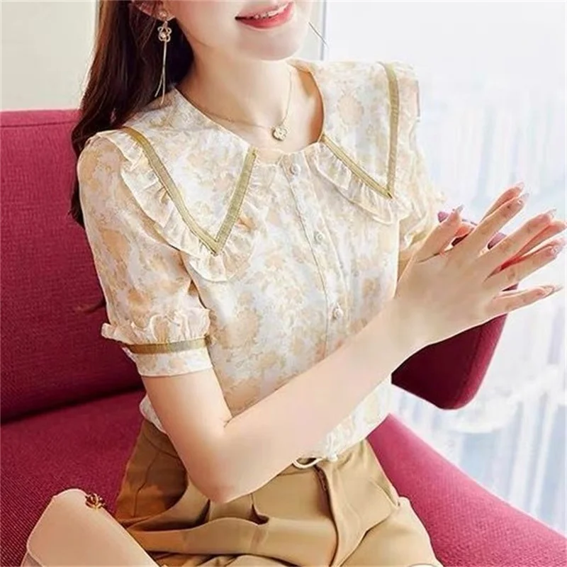 Woman Spring Summer Style Blouses Shirts Girls Cute Short Puff Sleeve Peter Pan Collar Blusas Tops G2635