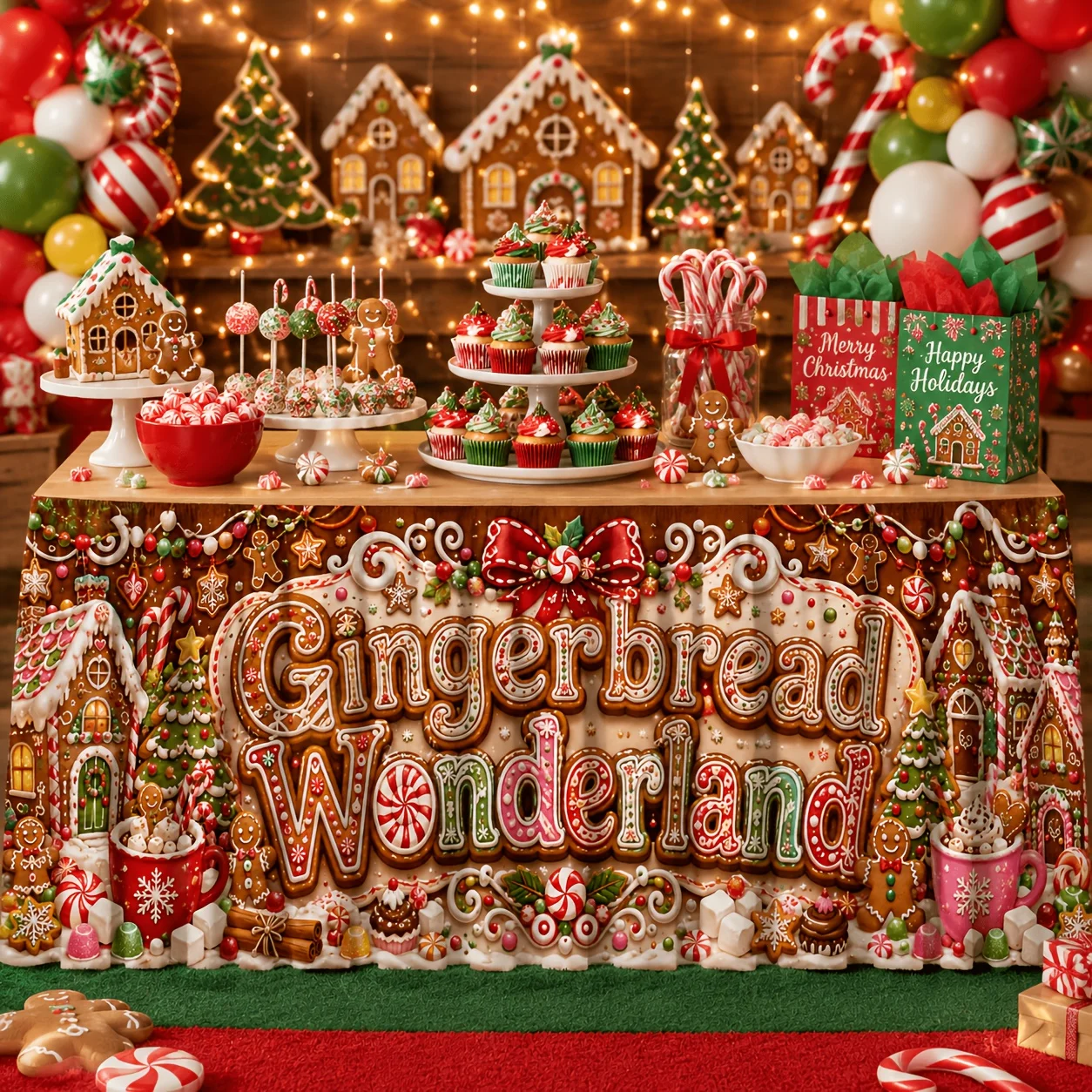 Party Table Dress 1-Pack, Gingerbread Wonderland Christmas Printed Table Dress, for Holiday Parties