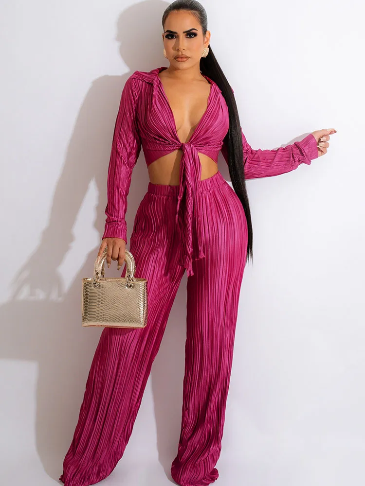 

Elegant Fashion Two Piece Set Birthday Outfits for Women Lace Up V-Neck Long Sleeve Crop Top and Wide Leg Pants Matching Sets