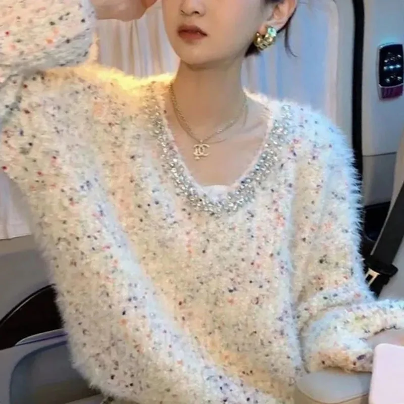Trapano per unghie Colore Cuciture a pois Versione coreana del morbido maglione ceroso Autunno da donna Nuovo vento pigro Moda Top a maniche lunghe