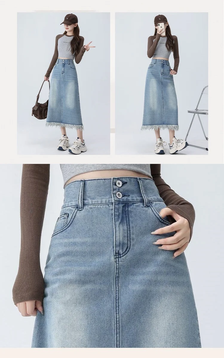 Large Size Denim Skirt Women Half Body A Word Medium Long Summer Thin Section High Waist Slim Student Fringe