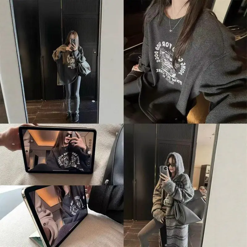 

Fce Lined round Ne Dog Print Sweatirt Women's T-irt Soft Cozy Cotton Long Sve Crew Ne Pullover Winter Faion