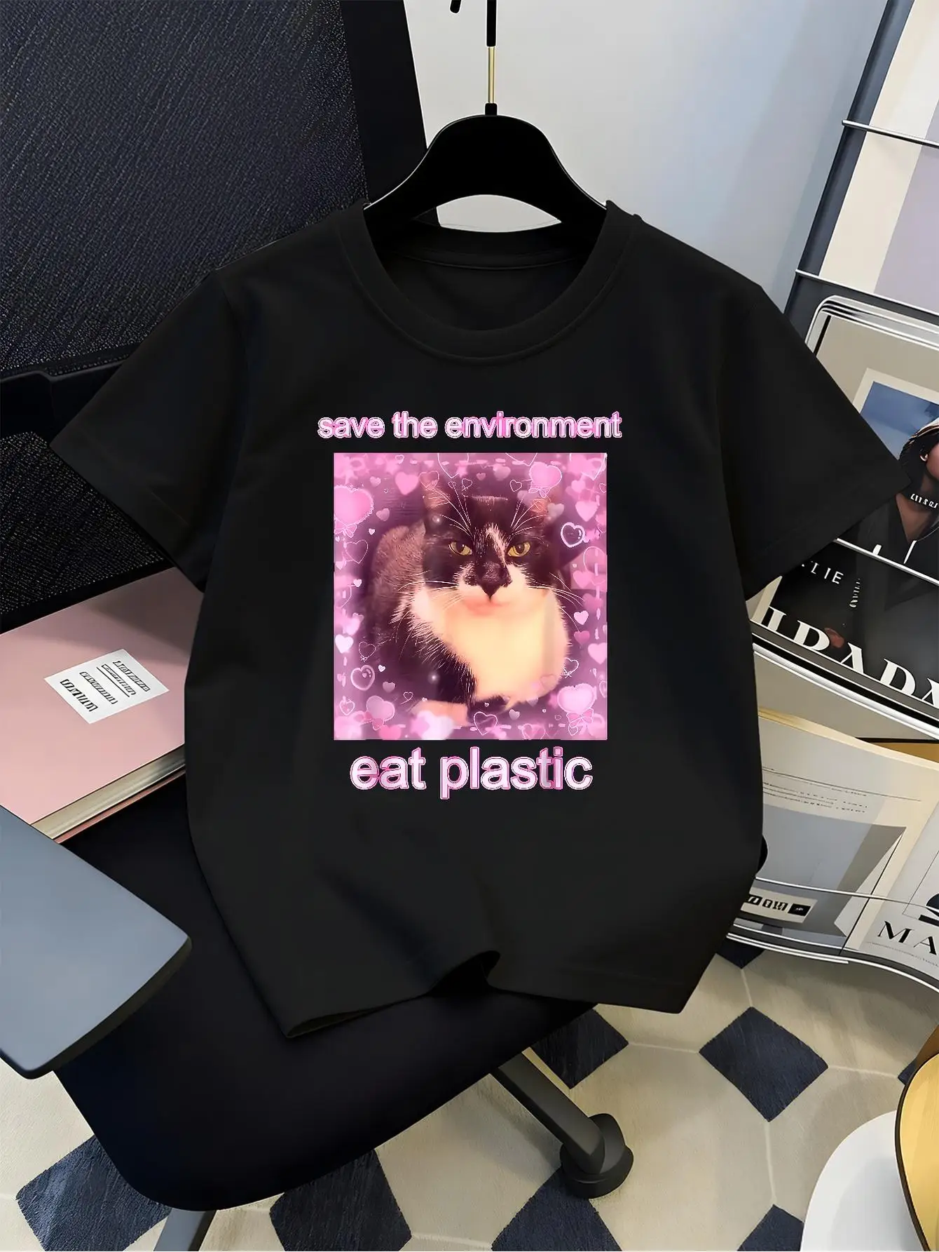 Kids Family Matching Short Sleeve Tshirt Boys Girls Save The Environment Eat Plastic Cat Pink Heart Meme Graphic Parent Child Te
