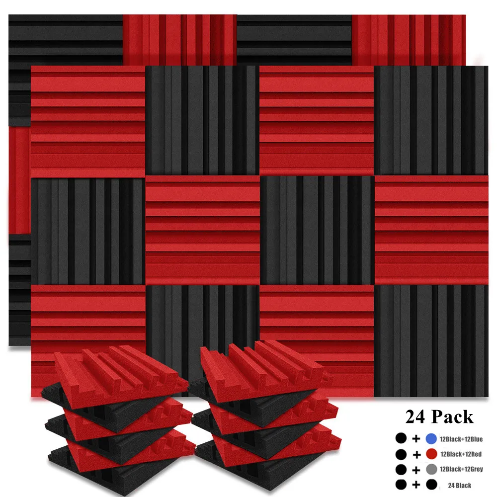 24Pcs 25x25x5cm Studio Acoustic Foam Broadband Sound Absorbing Noise Insulation Sound Proofing Treatment Panels 12Black 12Red