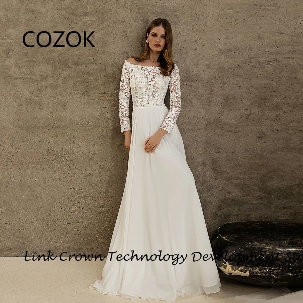 

COZOK Boat Neck Wedding Dresses for Women Full Sleeve Bridal Gowns 2024 Summer Chiffon Vestidos De Novia New Floor Length Lace