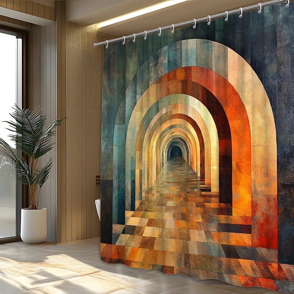 Waterproof Modern Arched Tunnel Shower Curtain Abstract Rainbow Gradient Design for Bathroom Decor Home Use 180x180cm