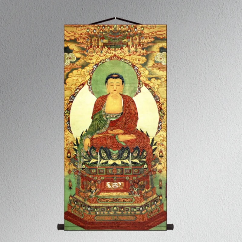Classical silk Shakyamuni Buddha statue thangka hanging painting home Buddha hall wall decoration painting scroll painting