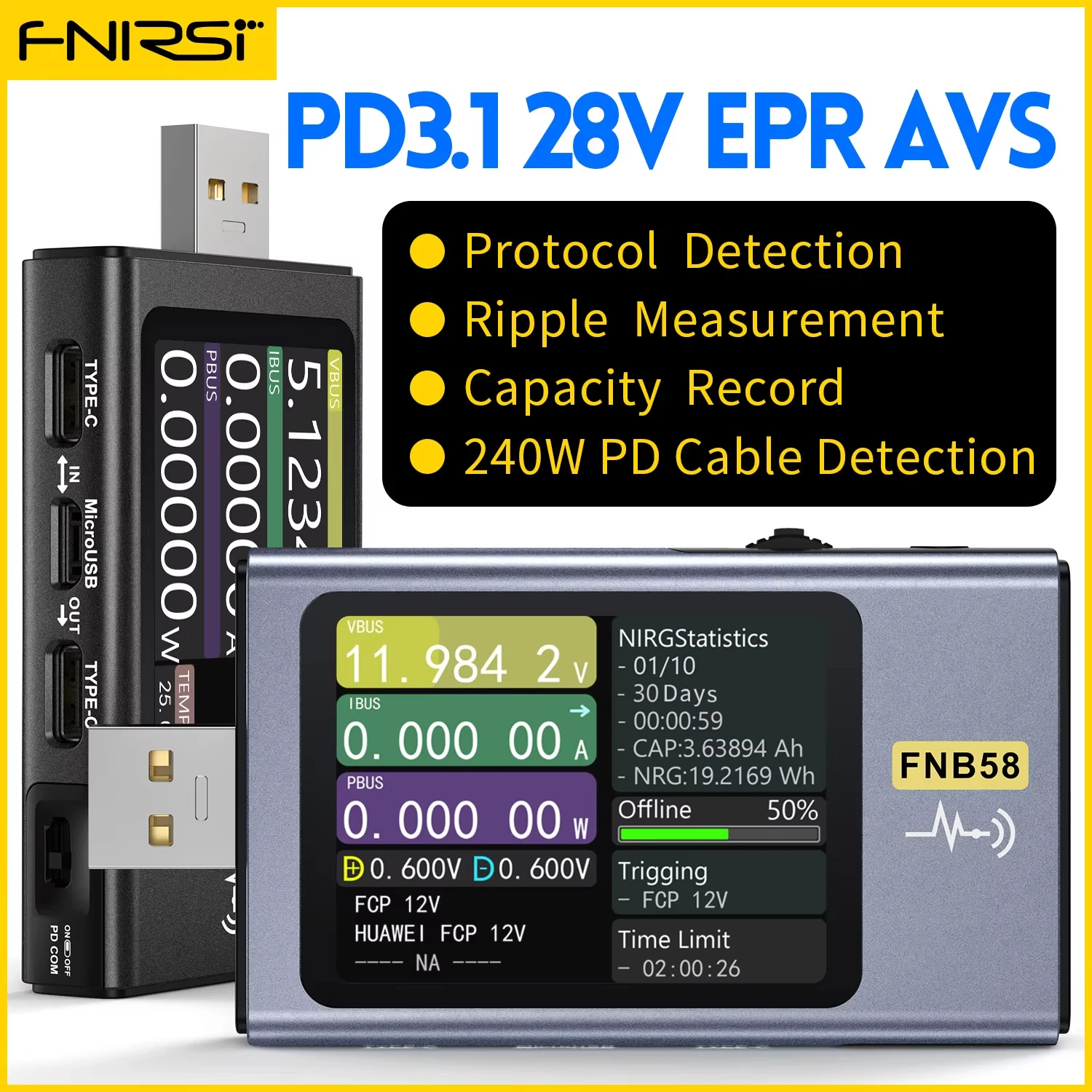 

FNIRSI FNB58 USB-тестер PD3.1 QC4 с измерителем мощности, триггером, IPS-экраном, вольтметром и амперметром (Type-C) для зарядных кабелей и аккумуляторов