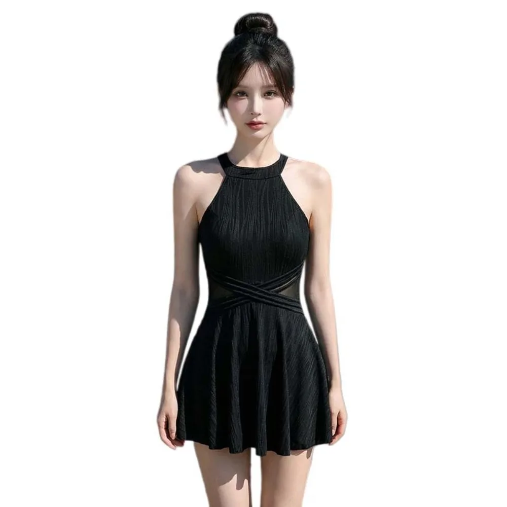 Slim Fit Backless Skirt Swimsuit Sleeveless Pleated Hanging Neck Swimsuit Beachwear Korean Y2k Hot Spring Swimwear Ladies Women