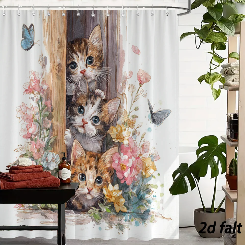 Watercolor Floral Cat Family Shower Curtain - Cute Trio Peeking Through Wooden Frame Bathroom Decor