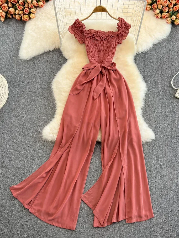 

New Summer Style Fashion Temperament Slash NeckJumpsuit Tight Waist Tie Show Thin Slit Wide Leg Jumpsuit Women D0712