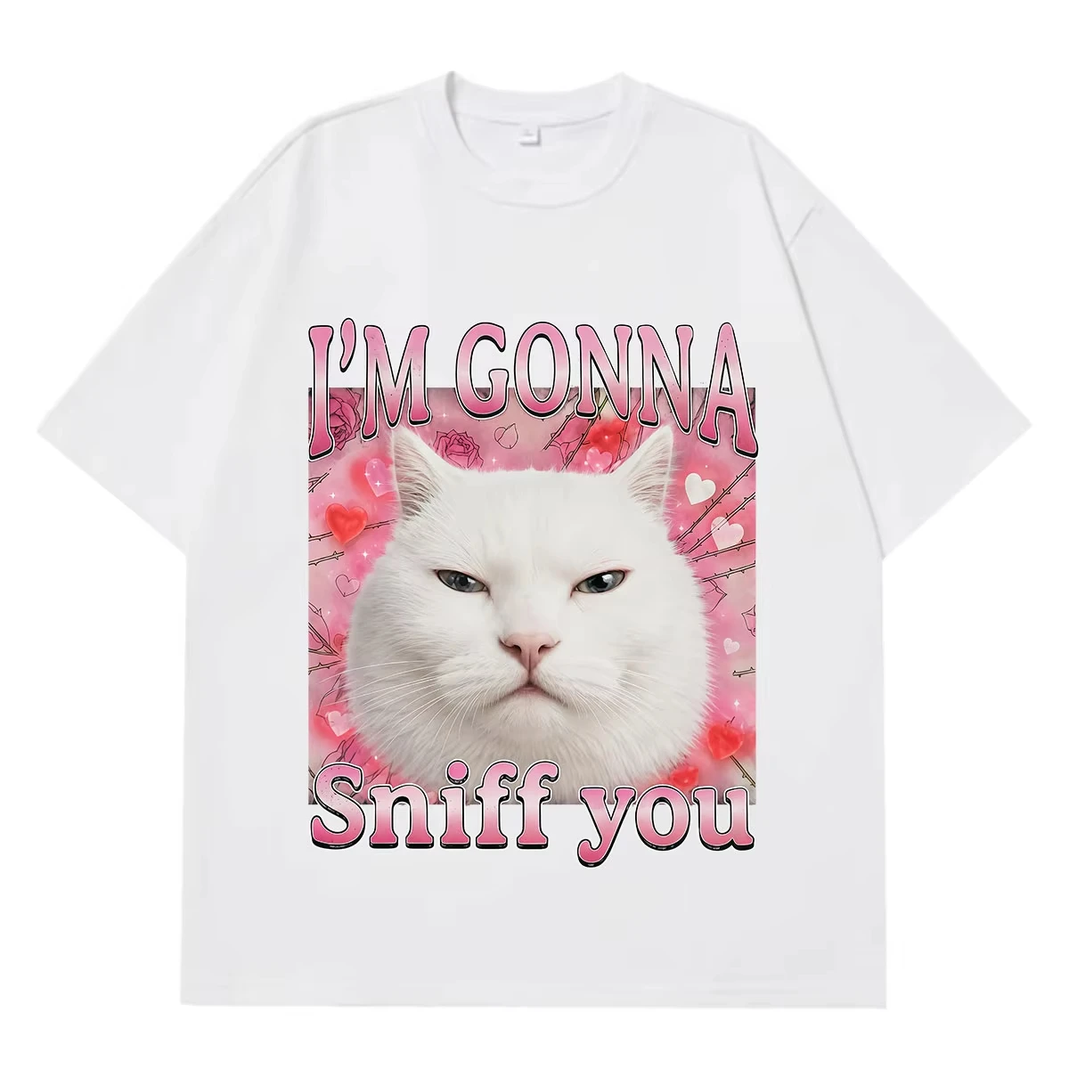I’m Gonna Sniff You Funny Cat Meme T-shirt Men Women Aesthetic Trend T-shirts Short-sleeved Loose Casual Cotton Hip-hop T-shirt