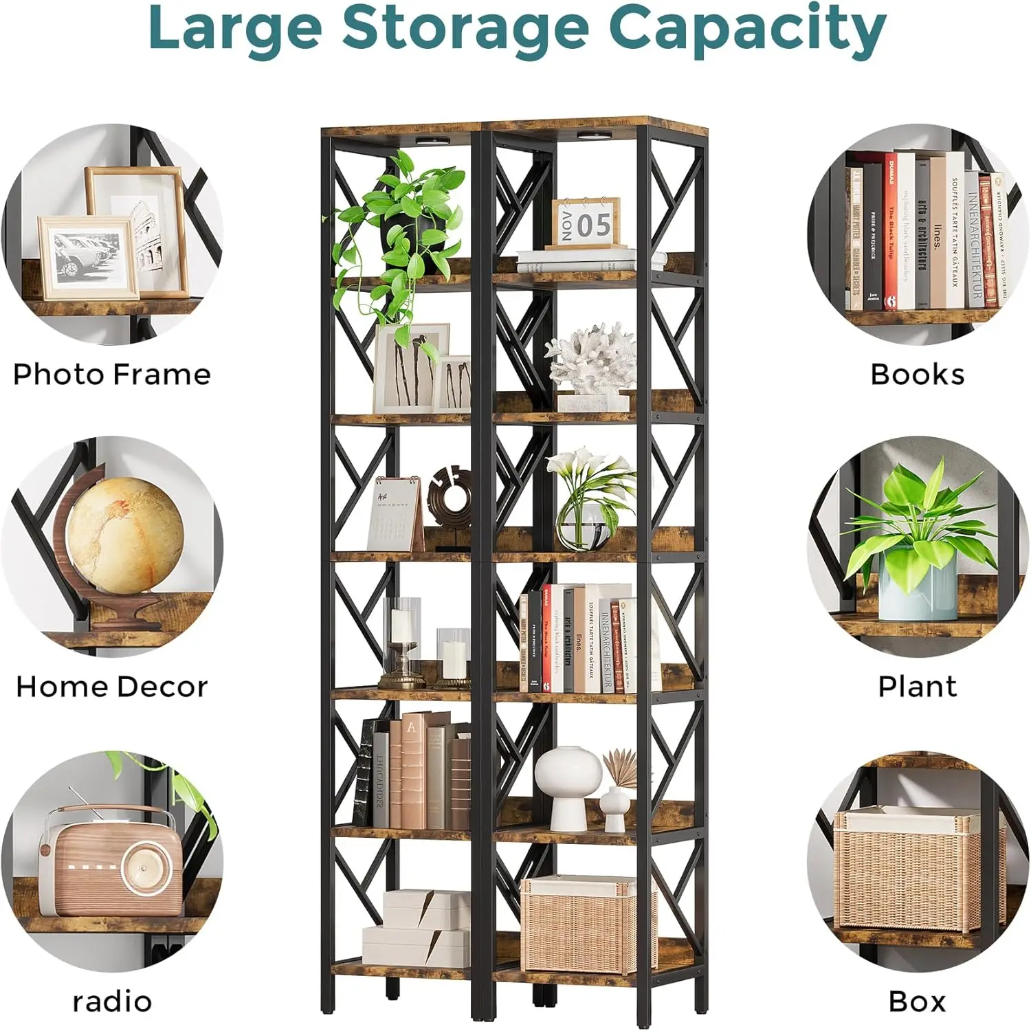 78.7 H Extra Tall Narrow Bookshelf With Led Light, 7 Tier Skinny Bookcase For Small Space, Freestanding Display Corner Shelf,