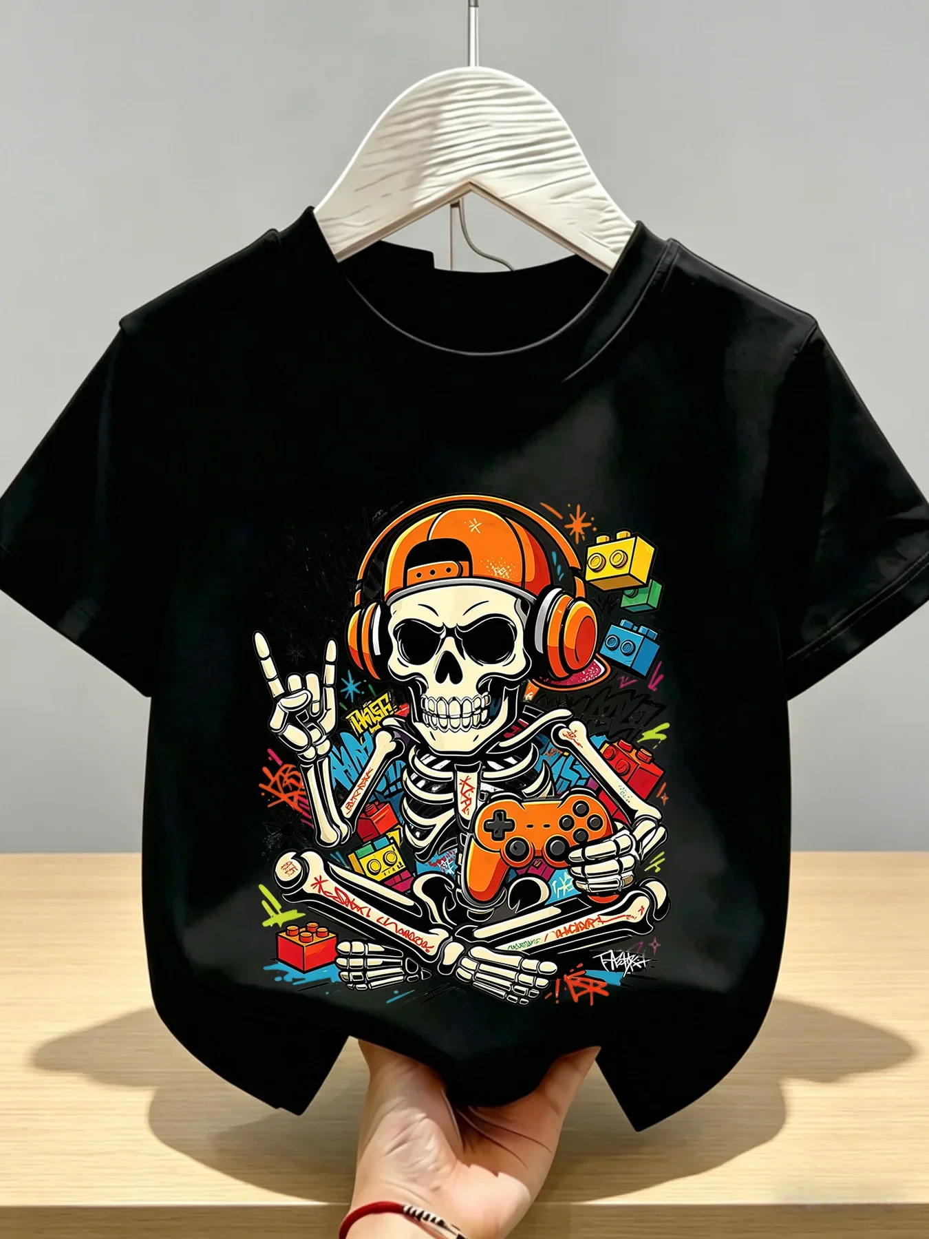 Kids Skeleton Game Creative Block Print T-Shirt Short Sleeve Soft Breathable Skin-friendly Comfortable Casual round Collar Top