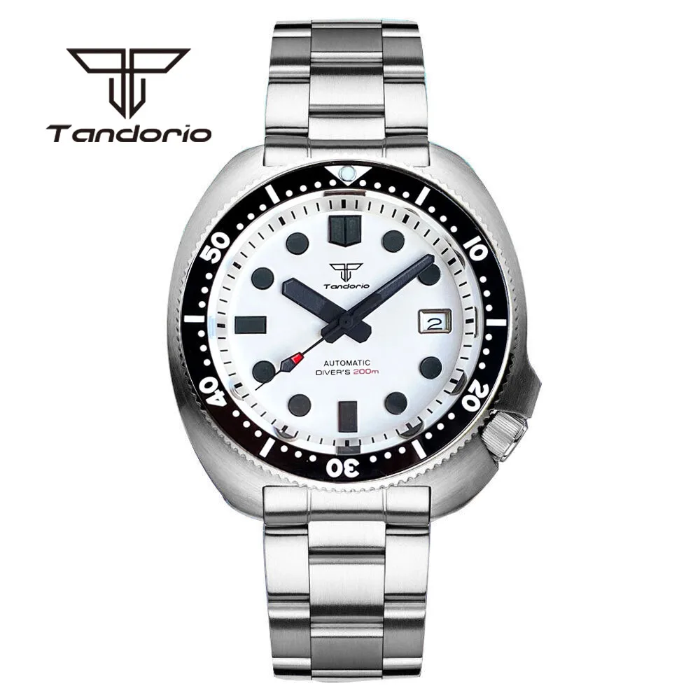 Tandorio Dress NH35A 44mm 200m Diving Automatic Wristwatch for Men Sapphire Glass Brushed Case White Dial Ceramic Bezel Date