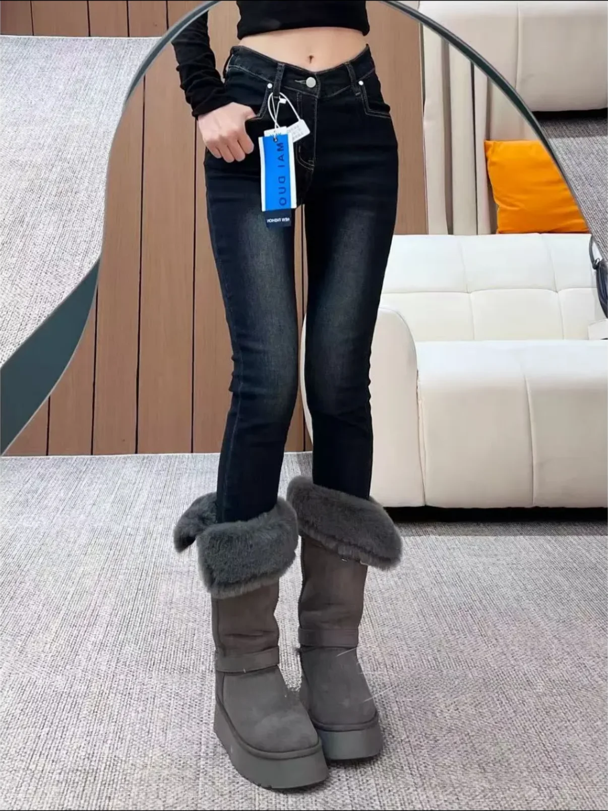 

Женские зимние джинсы Slim Fit с V-образным вырезом на талии, повседневные, с высокой талией, из эластичного хлопкового денима, утягивающие, длиной до щиколотки