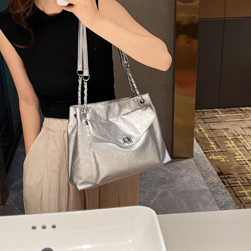 MOODS Silver Large Tote Bags For Women Dual-strap Pure Color Soft Big Capacity Shopper Shoulder Bag 2023 Luxury Designer Handbag