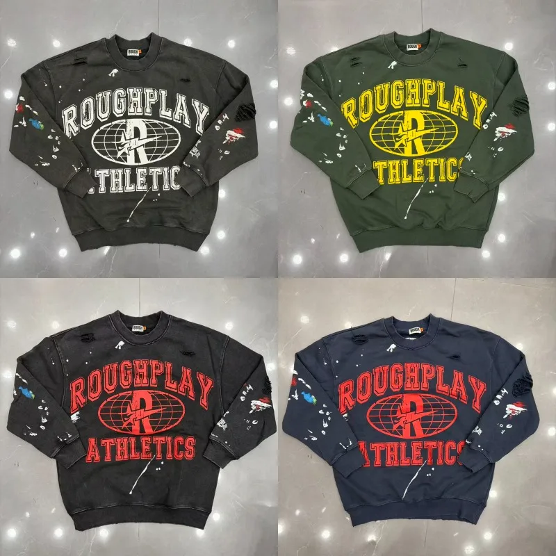 Street Destroyed Style Crewneck Rough Play Sweatshirts Retro Letter Graphic Print Splash Ripped Loose Casual Pullover Man Woman