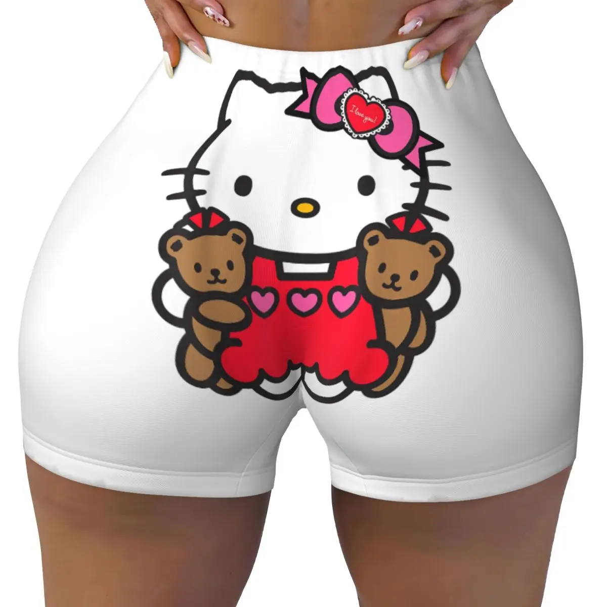 Hello Kitty Valentine Teddy Bear Yoga Shorts Ladies Athletic Fitness Workout Gym Pants