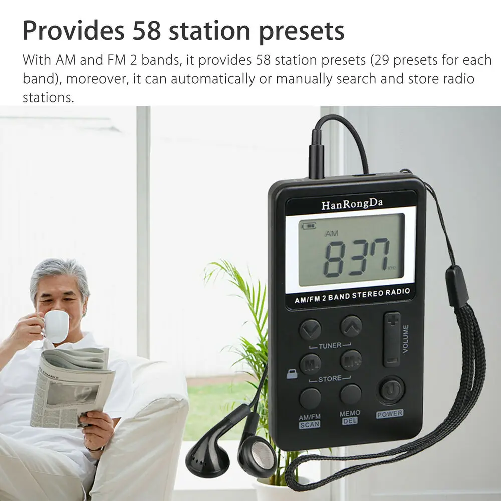 Mini Radio de Poche AM FM Portable, Baladeur à Réglage Numérique, Écran LCD, Meilleure Réception, Rechargeable avec Écouteurs