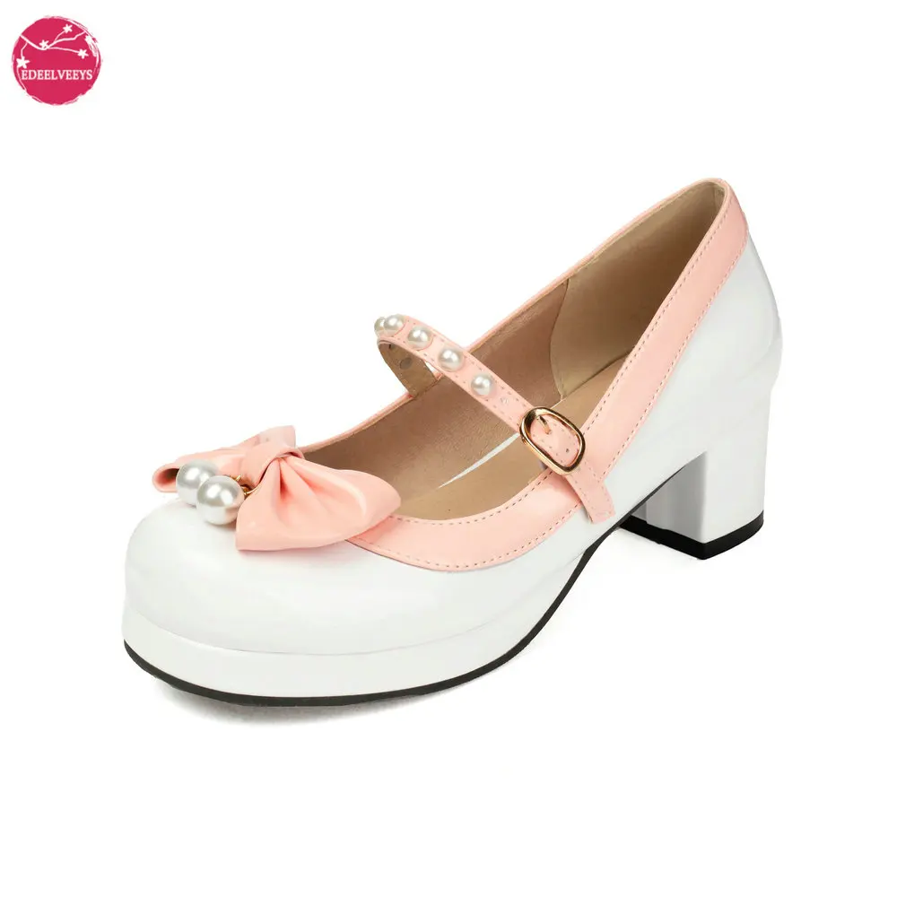 Dames Grote Maat Lolita Lakleer Mary Jane Schoenen Dikke Hakken Zoete Strik Riem Parel Versierde Pumps Dropshipping