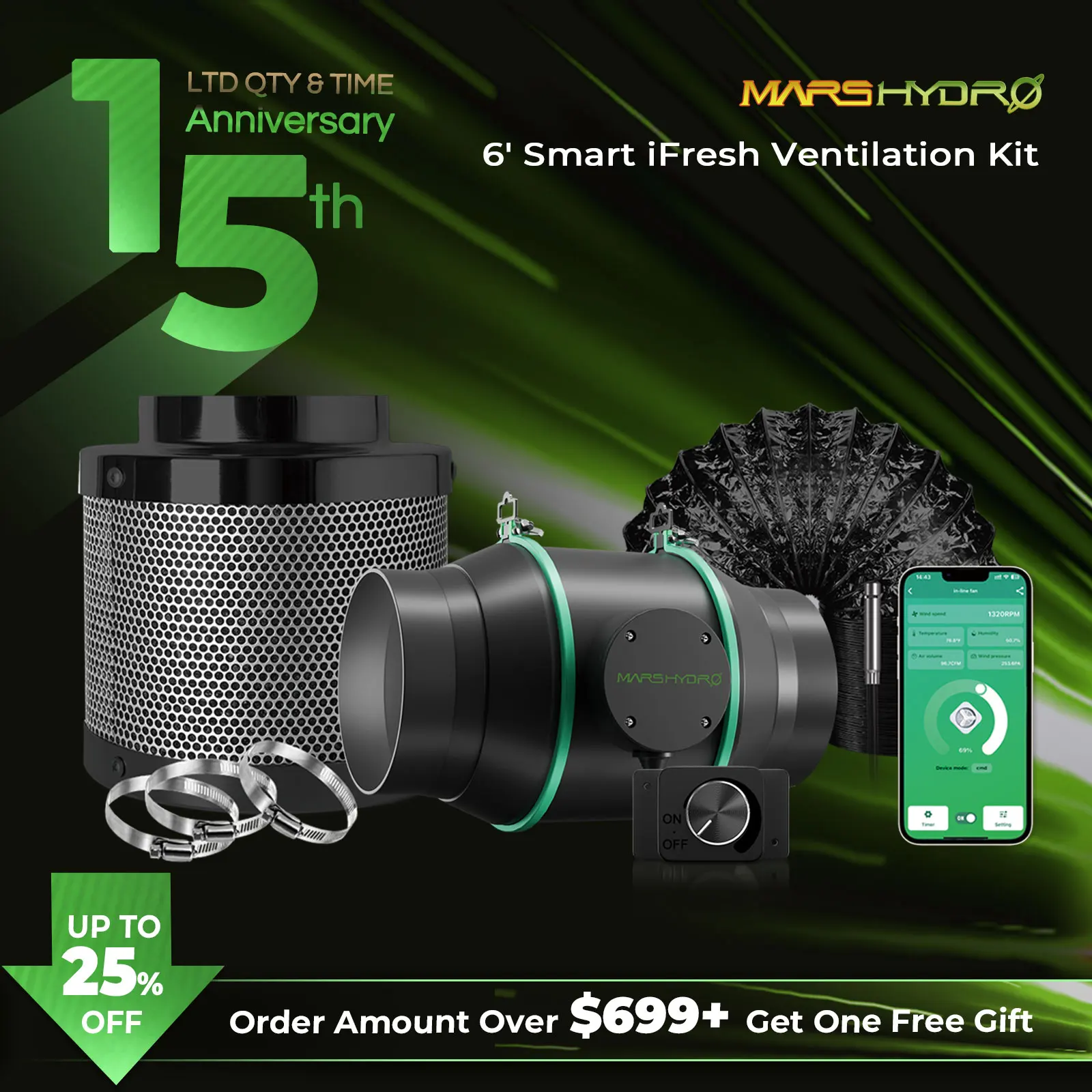 Mars Hydro 4'' 6'' Smart Ifresh Inline Ducting Fan Ventilation Kits with Carbon Filter for Grow Tent Kits