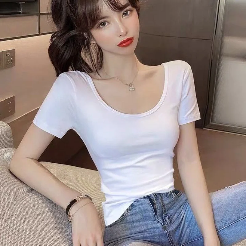 

White T-Shirt Short Sleeved U-Neck Summer New Low Neck Thin Fitting Top Slim Fit Base Shirt
