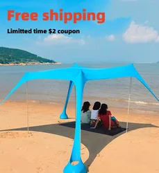 Windproof Beach Awning Outdoor Beach Tent 4 Poles Large Sun Shelter Camping Shades Tent Beach Shade Beach Tent Shade Membrane