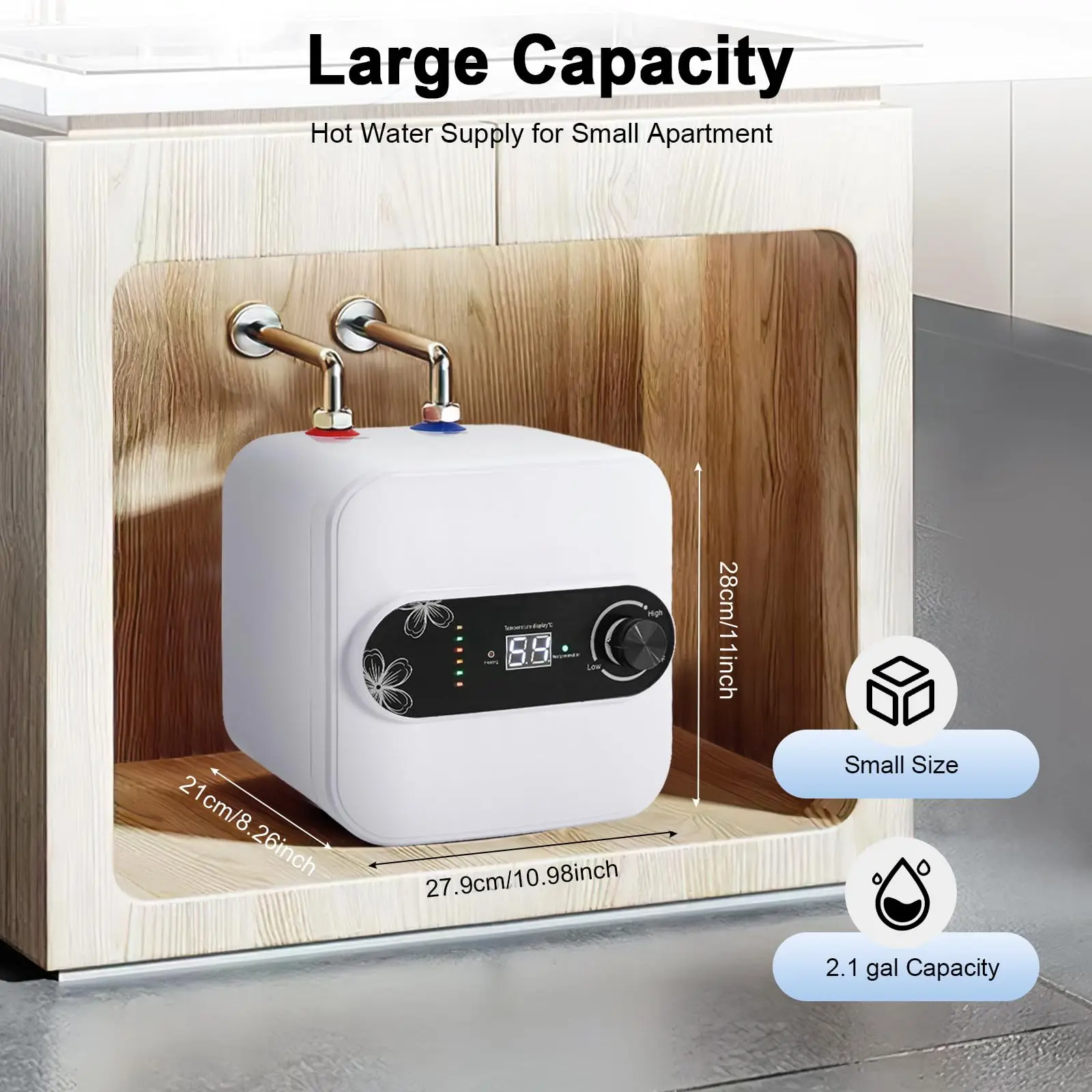 Mini aquecedor de água com tanque de 8L, armazenamento vertical retangular compacto de chuveiro elétrico de 1500W 110V, água superior branca de aço inoxidável Ipx4 I