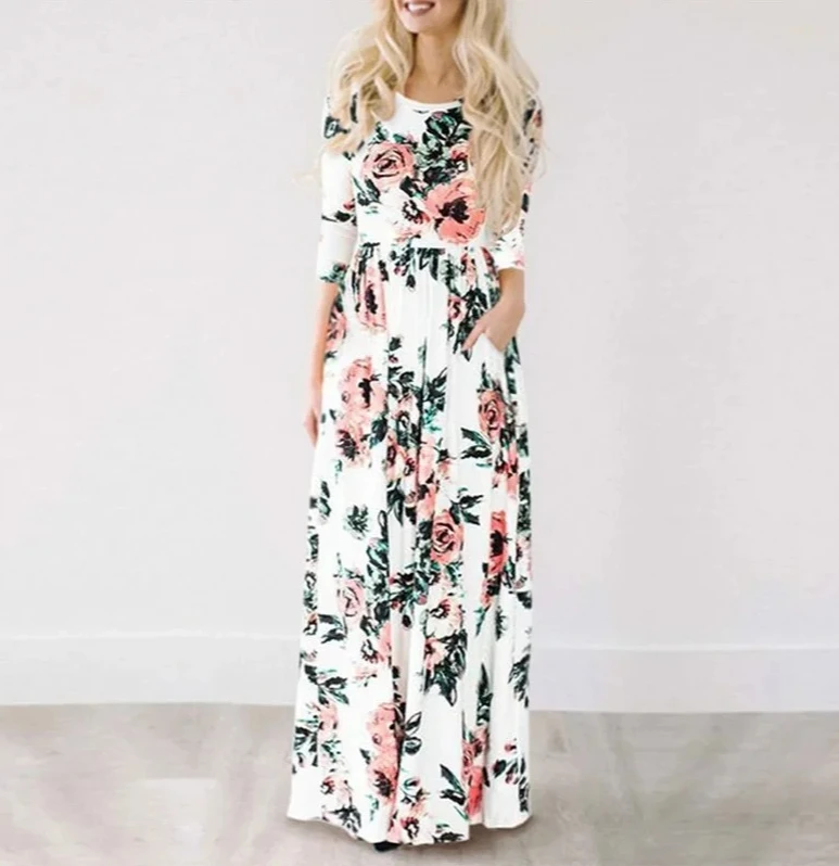 Summer Dress Women Pink Floral Print Boho Beach Dress Ladies Evening Party Long Dress Sundress Vestidos de festa