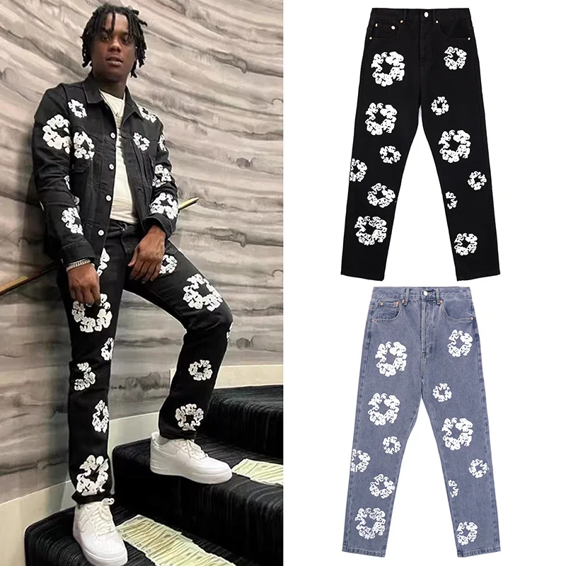 Pantalones de mezclilla de flores de algodón para hombres y mujeres, pantalones de Hip Hop, moda americana Simple, alta calidad, 1:1, combina con todo