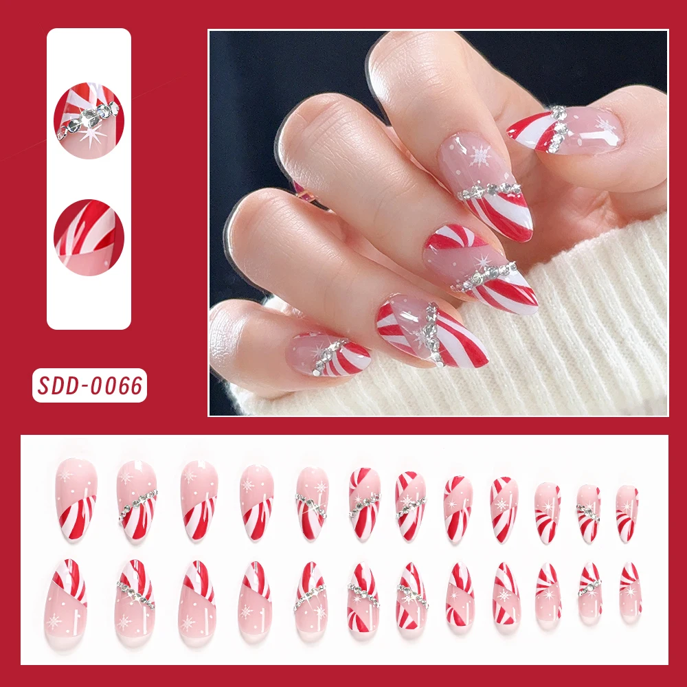 24pcs Christmas Red White Candy Stripes Fake Nails with Rhinestones Almond French Snowflakes False Nails Festive Nail Art Gift *