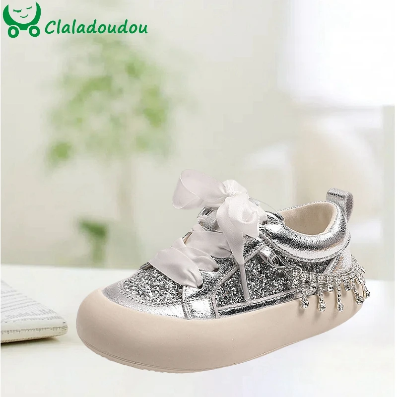 Claladoudou Fashion Sneakers For Kids Girls,Silver Gold Bling Sequined New Autumn Chain School Sports Shoes For Children Woman