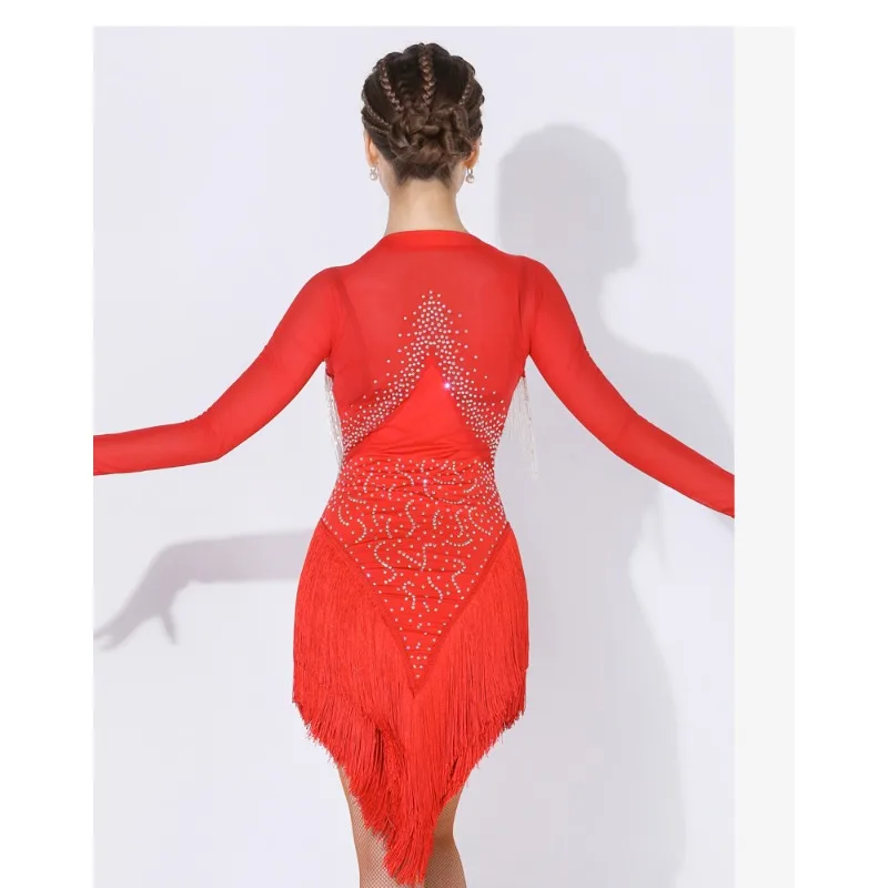 Maßgeschneidertes lateinamerikanisches Tanzkleid mit Quasten-Performance-Kleidung, Damen-Wettkampfkleid, hochwertiger professioneller Übungsanzug