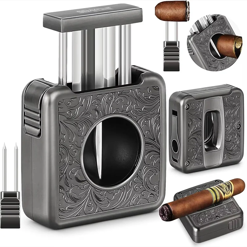 Cigar Cutter 4 in 1 Multifunction V Cut Cutter with Cigar Punch Cigar Holder & Twin Nubber Suitable for Max 60 Ring Gauge Cigars