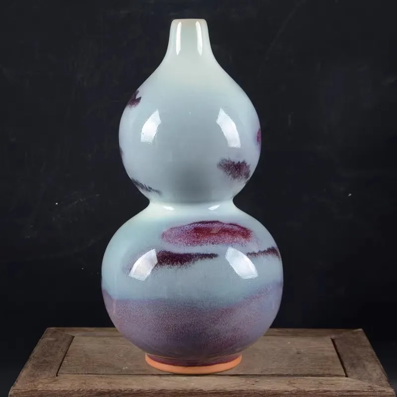 8.9 inch Chinese Song Jun Kiln Blue Glaze Porcelain Red Spot Gourd Shape Vase