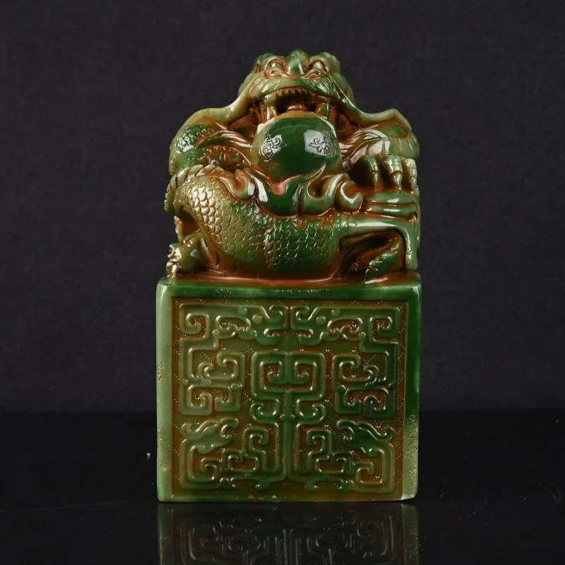 Antique Chinese Green Jade Dragon Seal Vintage Imperial Style Carved Beast Statue Feng Shui Decorative Items Ornaments