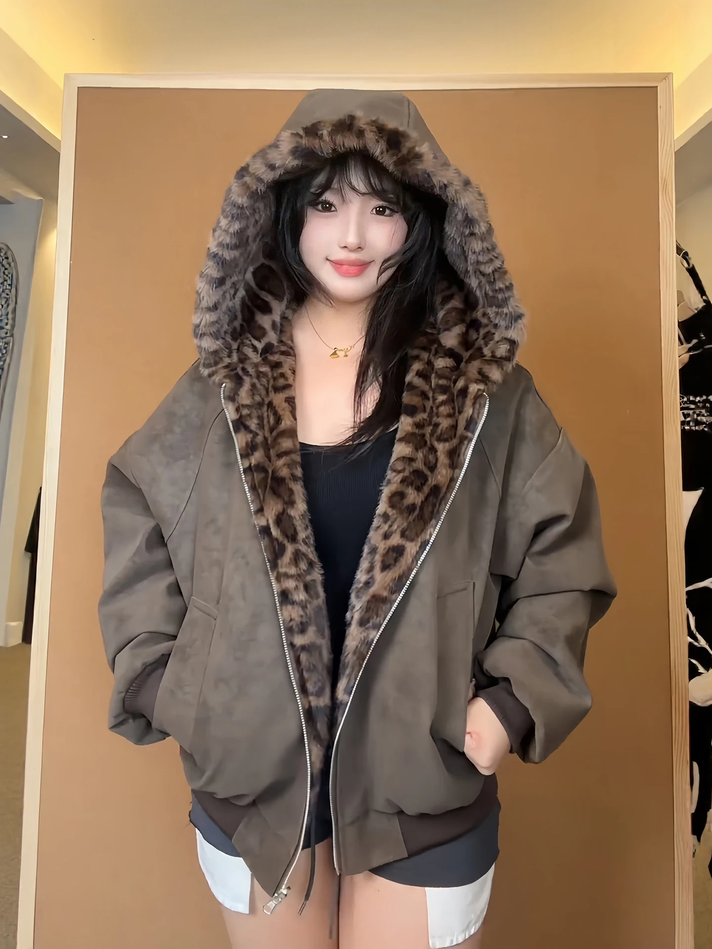 

Men's Double-Sided Wear Leopard Print Cotton Jaet Winter Thiened Fce ort American Sle PU Leather Cotton Coat