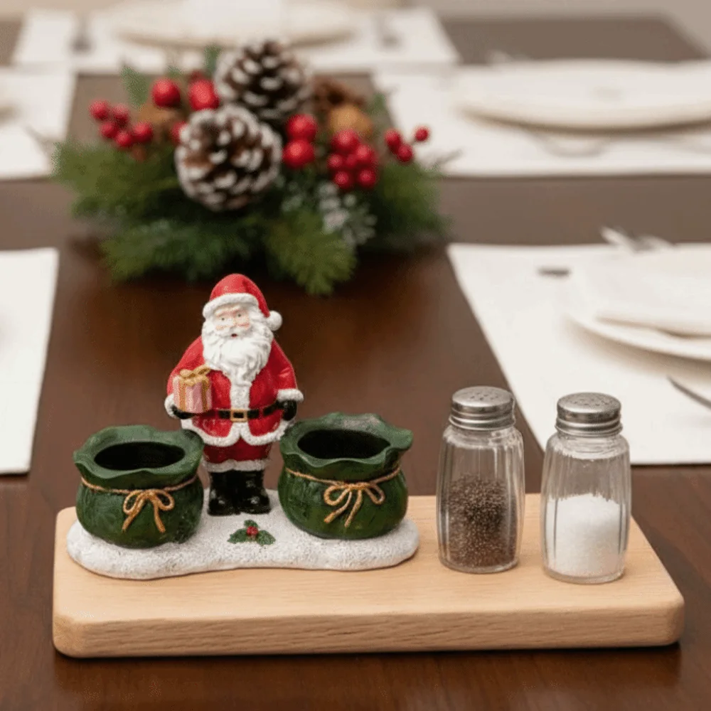 Resin Santa Claus Sculpture Spice Jar Colorful with 2 Glass Jar Seasoning Canister Decorative Christmas Pepper Salt Bottle
